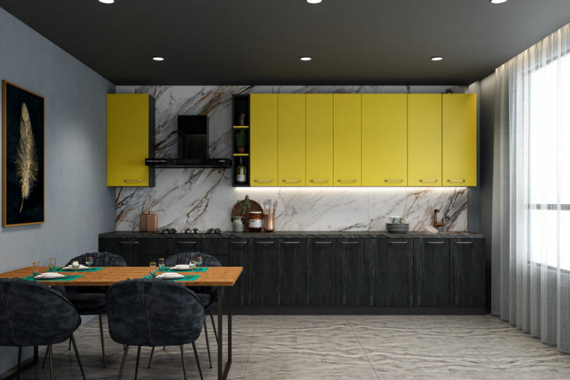 L-shaped kitchen with fluroescent orange and dove grey finish