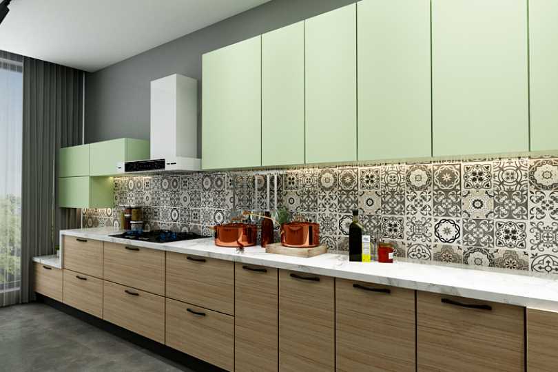 Compact straight kitchen with rusty orange finish