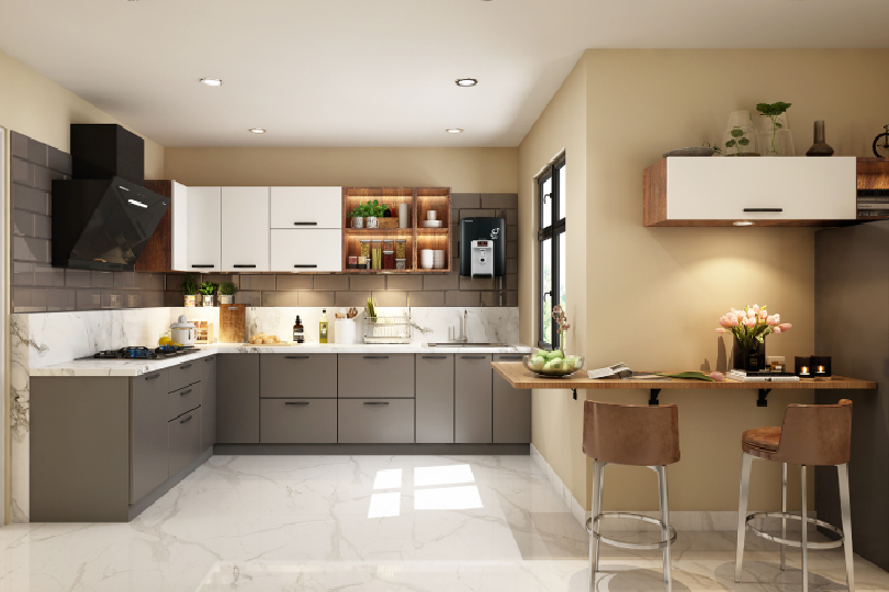 L-shaped kitchen with fluroescent orange and dove grey finish