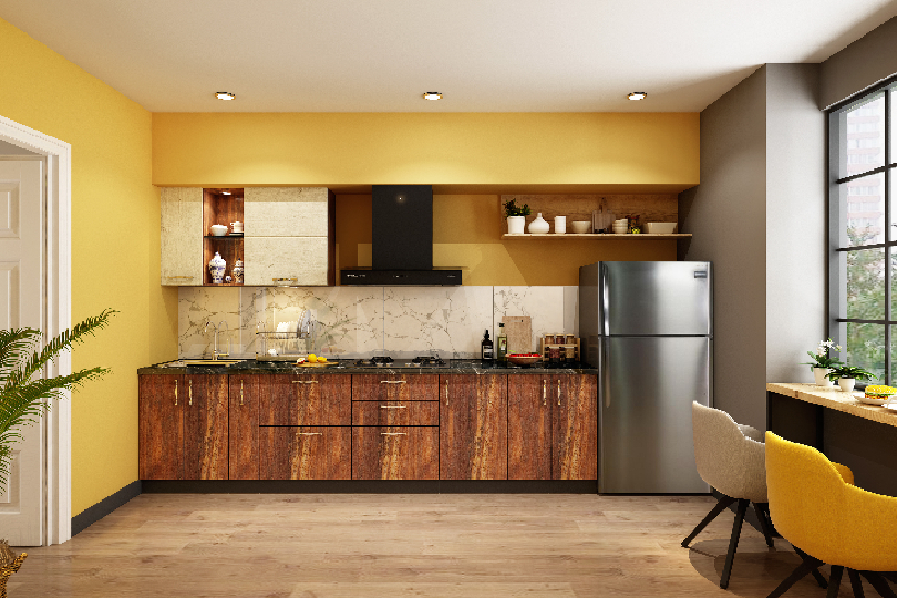 L-shaped kitchen with fluroescent orange and dove grey finish