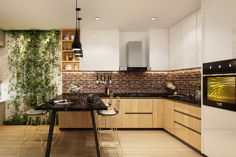 Compact straight kitchen with rusty orange finish