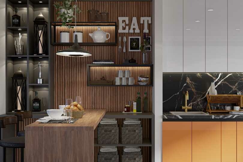 L-shaped kitchen with fluroescent orange and dove grey finish