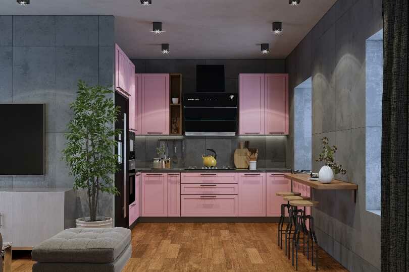 Compact straight kitchen with rusty orange finish