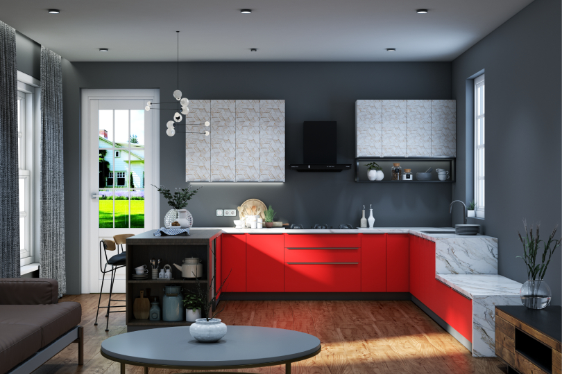 L-shaped kitchen with fluroescent orange and dove grey finish