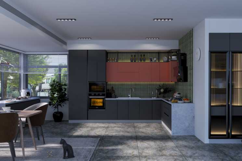 Compact straight kitchen with rusty orange finish