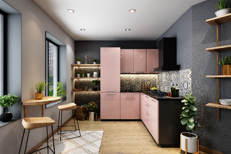 L-shaped kitchen with fluroescent orange and dove grey finish